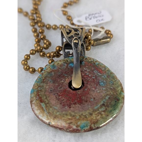 Raku donut pendant+17 ball chain handmade artisan brass ethnic boho hippie NWT - Picture 2 of 6